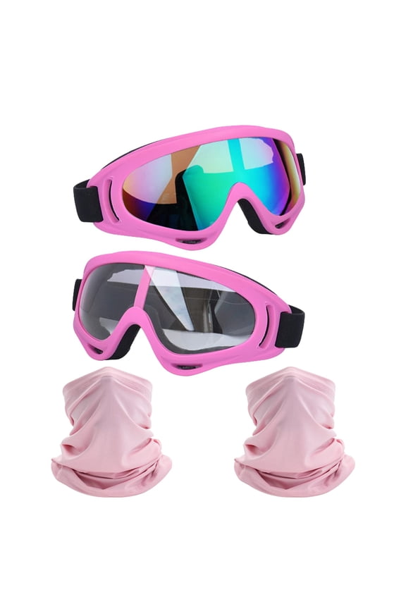 Motorcycle Goggles,2 Pack Dirt Bike ATV Motocross Riding Hiking Protective with 2 Pack Neck Breathable Bandana Mask (Light pink + Black/Colorful) Two squirrels