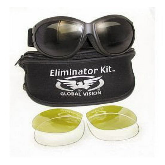 Motorcycle Goggles with 3 Sets of Interchangeable Lenses Smoke Clear and Yellow Plus a Neoprene Zipper Bag with Lens Divider Also Has Soft Airy Foam Padding