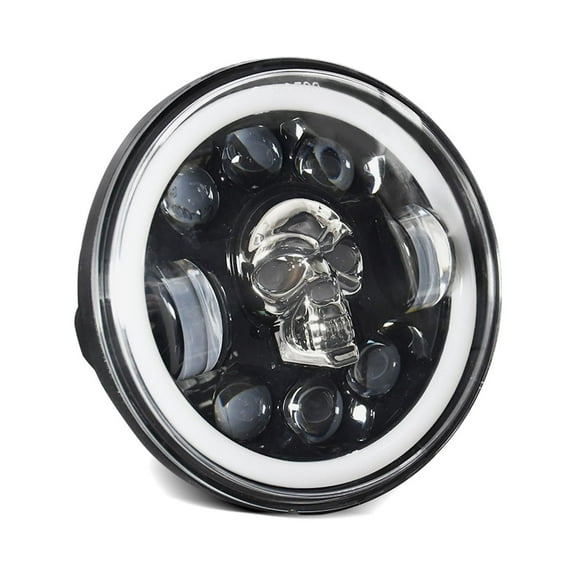 Motorcycle Headlight featuring Skull Pattern LED, High/Low Beam, Turn Signal DRL, and Colorful Angle Eye Light