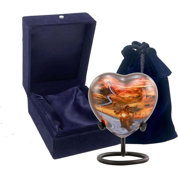 Motorcycle Heart Keepsake Urn for Ashes Mini Cremation Memorial Urn with Stand & Velvet Box Sharing Keepsake for Loved One