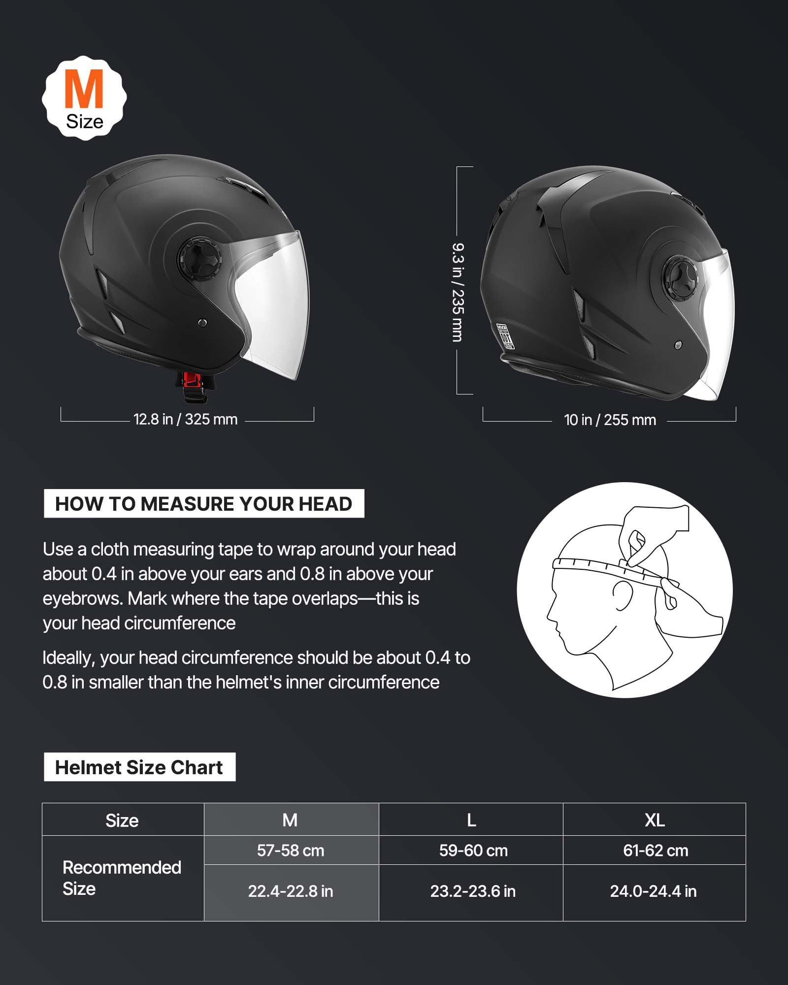 Motorcycle Helmet,3/4 Open Face,Adult Motocross Dirt Bike Helmet with Clear Visor,Comfortable Motorbike Racing Street with Detachable Liner for Men&Women,DOT Approved,(Matte Black,M)