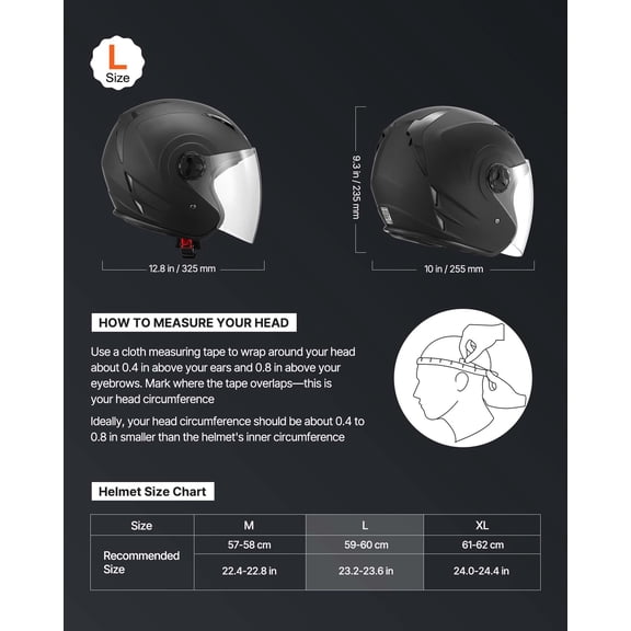 Motorcycle Helmet,3/4 Open Face,Adult Motocross Dirt Bike Helmet with Clear Visor,Comfortable Motorbike Racing Street with Detachable Liner for Men&Women,DOT Approved,(Matte Black,L)