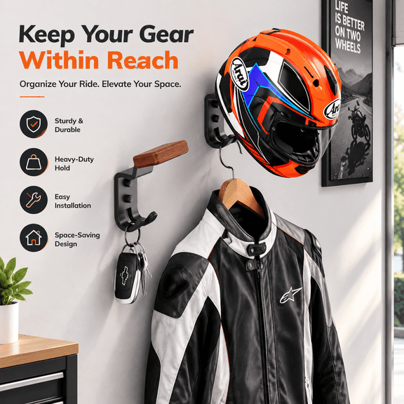 Motorcycle Helmet Holder, Helmet Rack Wall Mount with Double Hook, Helmet Hanger for Football Helmet, Hats, Coats, Sportswear, Motorcycle Accessories for Men