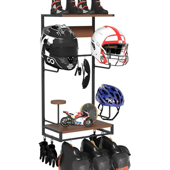 Motorcycle Helmet Holder Wall Mount, Rustic Helmet Rack With 2 Layer Wooden Boards and 4 Hat Stands for Motorcycle Gear Accessories Storage, 4 Clips, 5 Hooks for Glove Key Jacket Hanging