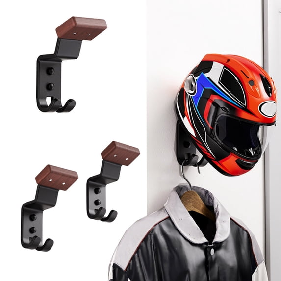 Motorcycle Helmet Rack Wall Mounted Display | Beech Wood Carbon Steel Storage Holder | Fits Helmets Hats Safety Gear | Space Saving Stable Design | 2-Pack | 6.10x2.95x1.97 Inch
