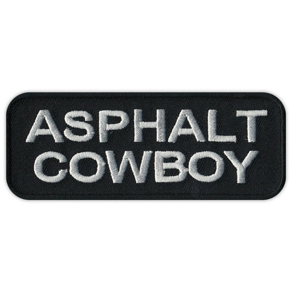 Motorcycle Jacket Embroidered Patch - Asphalt Cowboy (Black/Silver Design) - 4" x 1.5" Patch