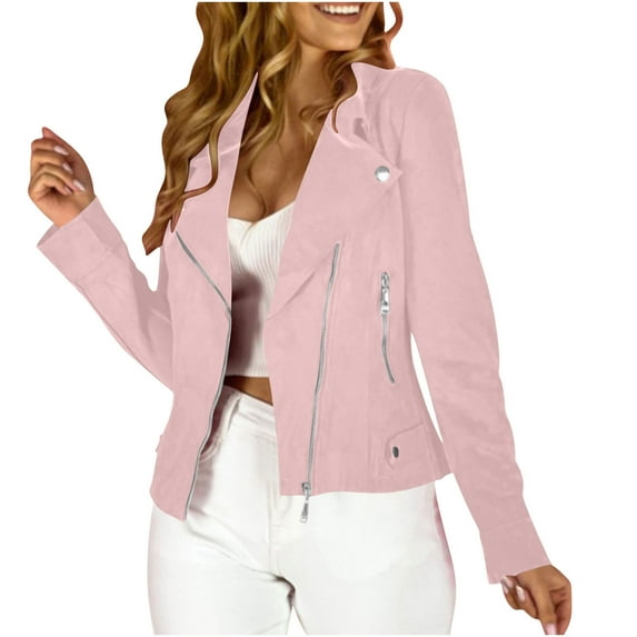 Motorcycle Jacket for Women Slim Fit Cropped Zip up Bomber Coat Notched Lapel Vintage Trendy Y2k Biker Clothes (M, Pink)