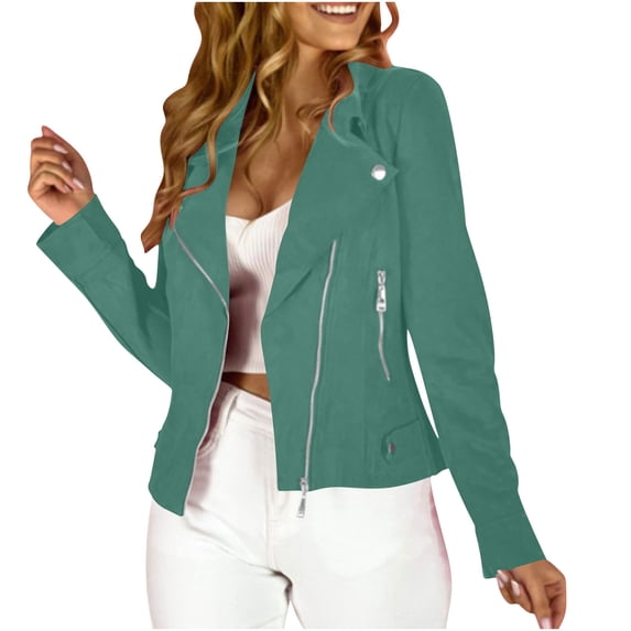 Motorcycle Jacket for Women Slim Fit Cropped Zip up Bomber Coat Notched Lapel Vintage Trendy Y2k Biker Clothes (S, Green)