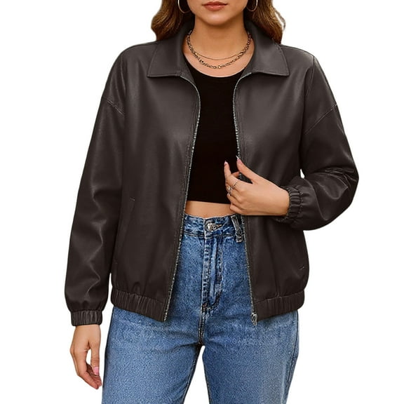 Motorcycle Jacket for Women, Stand Collar Zip Front PU Leather Outerwear, Adds an Edge to Your Everyday Fall & Winter FashionCoffeeS