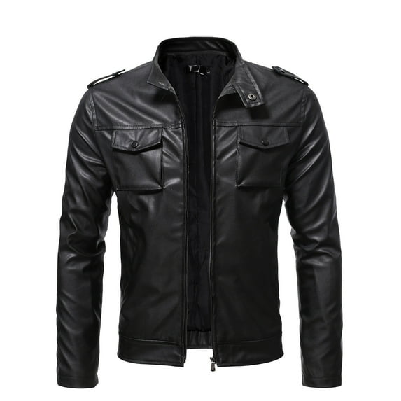 Motorcycle Jackets for Men Men's Leather Plus Fleece Jacket, Motorcycle Jacket, Warm Leather Jacket Black L