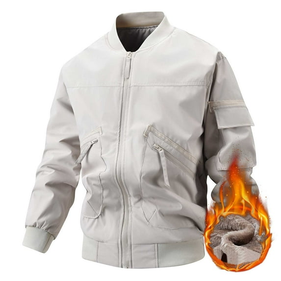Motorcycle Jackets for Men with Zipper Pockets Fleece Lined Coats Long Sleeve Zip Up Solid Color Windbreaker Thermal Warm Baseball Outerwear Jacket
