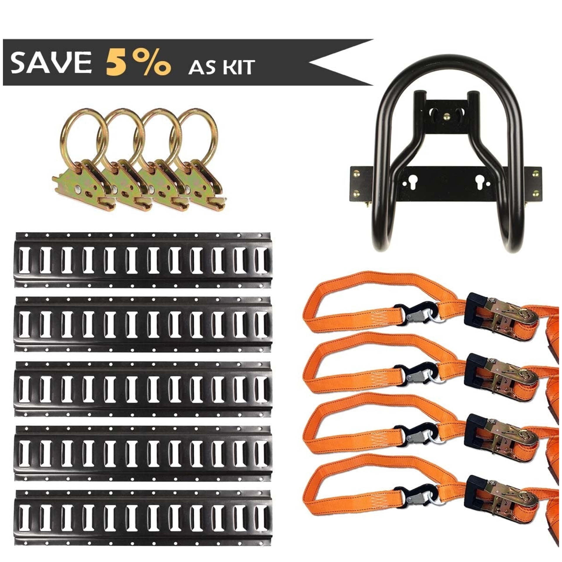 """Motorcycle Kit 8' Ratchet Tie Down Straps, Wheel Chock, 2' ETrack