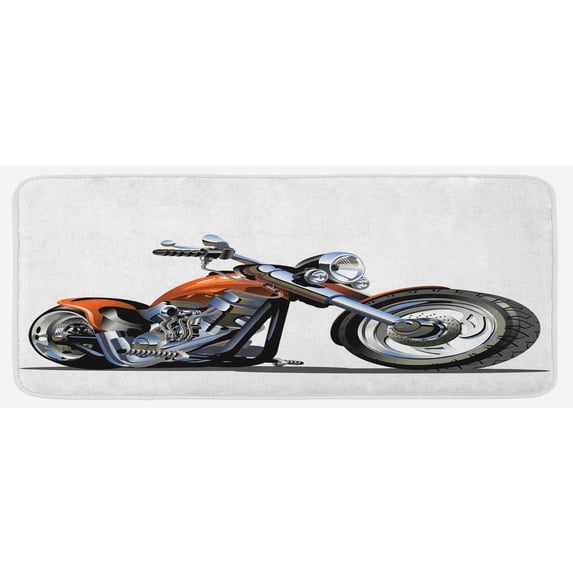 Motorcycle Kitchen Mat, Adventure Motorbike Image Motorcyclist Adventure Race Powerful Engine Vehicle, Plush Decorative Kitchen Mat with Non Slip Backing, 47" X 19", Orange Black, by Ambesonne