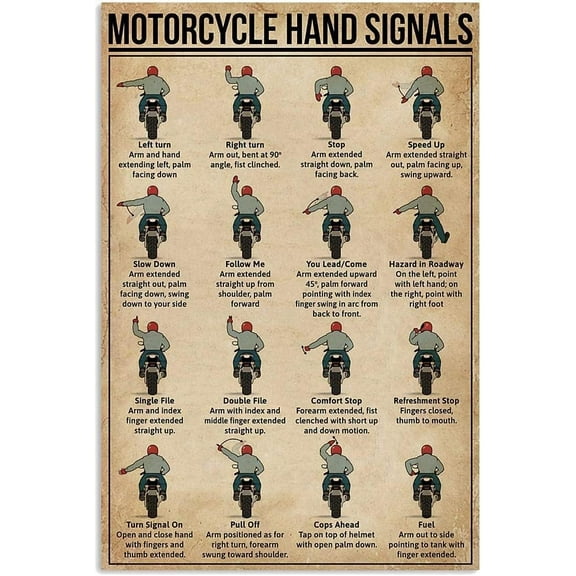 Motorcycle Knowledge Posters Metal Signs Wall Decor Motorcycle Hand Signals Symbols Retro Plaque Vintage Tin Sign Room Decor Cafe Club Garage 8x12inch