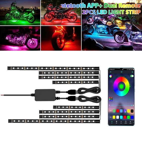 Motorcycle LED Light Kit - 12V Flexible Waterproof Neon Strip Lights with App & Remote Control, 8 Colors & 16 Modes, Multi-Color Underglow for Bikes & ATVs