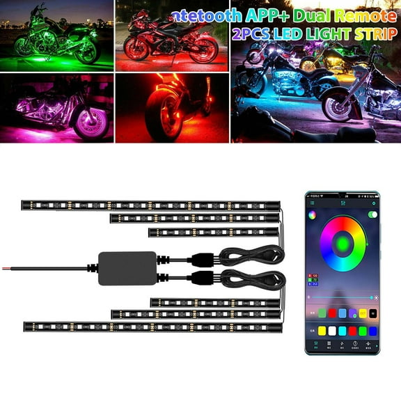 Motorcycle LED Light Kit Flexible Waterproof Neon Strip 12V Multi Color Remote App Control Universal for Motorcycles Bicycles ATV Frame Mudguard Easy Install