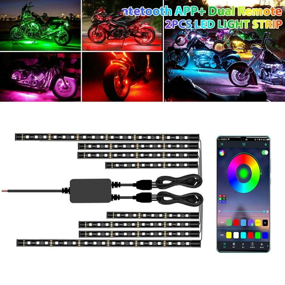 Motorcycle LED RGB Light Strip Kit Waterproof Flexible Neon Underglow Lights App Remote Control 12V Multi Color Mode for Bike ATV Car Decoration Night Riding Ambient Lighting