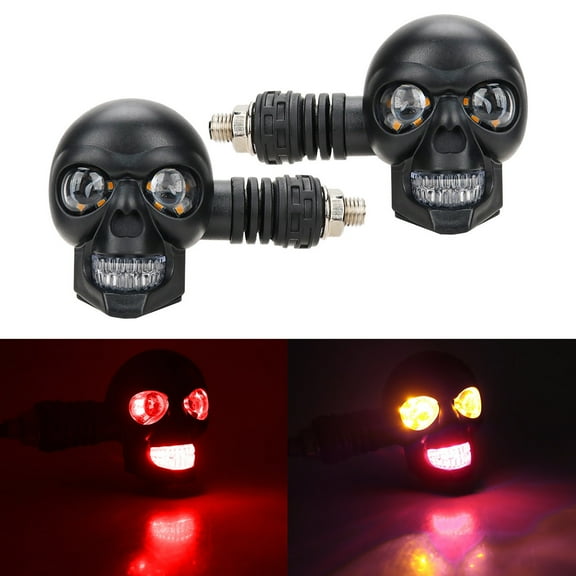 Motorcycle LED Turn Signal Lights with Skull Design Daytime Running Light Dual Function Amber Yellow High Visibility Durable ABS Housing Flexible Base