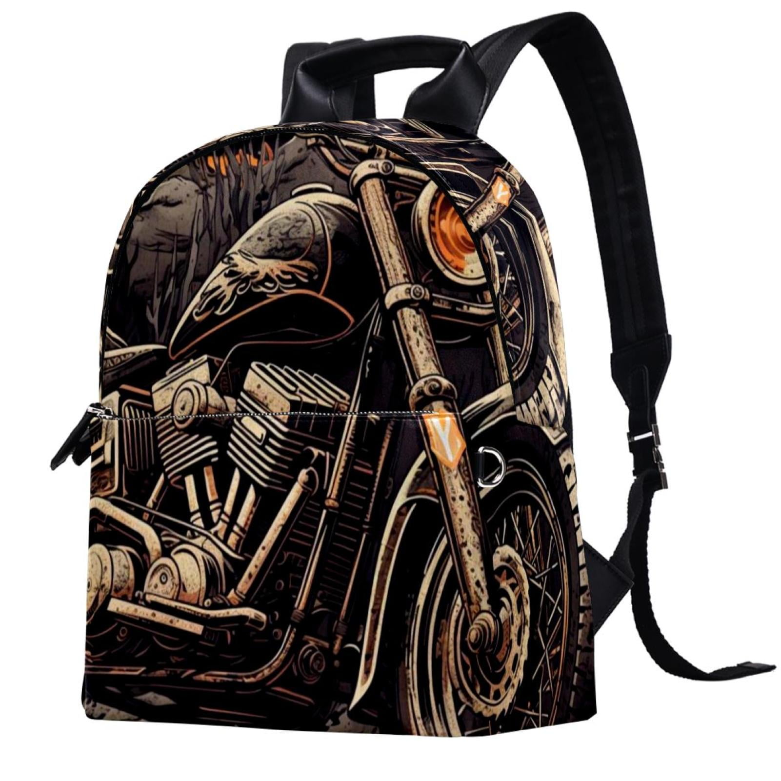 Motorcycle Leather Business Travel Backpack with Adjustable Shoulder Straps Large Capacity Printed Design Lightweight Men Women Teens Work School