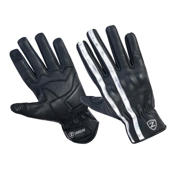 Motorcycle Leather Gloves With Reinforced Knuckles, Full Finger, Touchscreen Finger Tips, Black ZAMGEAR