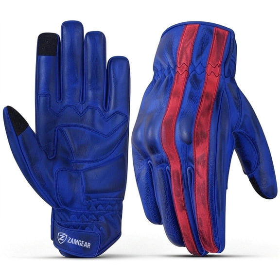 Motorcycle Leather Gloves With Reinforced Knuckles, Full Finger, Touchscreen Finger Tips, Blue / Red Stripe ZAMGEAR