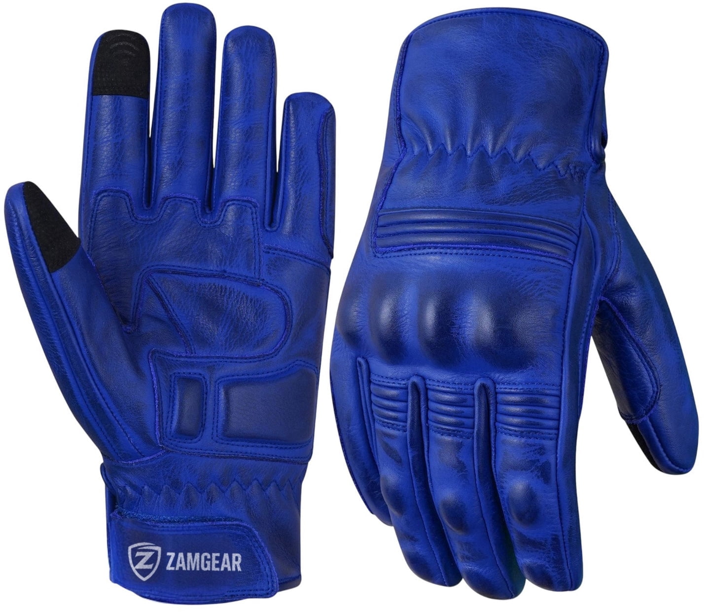 Motorcycle Leather Gloves With Reinforced Knuckles, Full Finger, Touchscreen Finger Tips, Blue ZAMGEAR