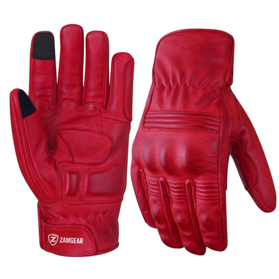 Motorcycle Leather Gloves With Reinforced Knuckles, Full Finger, Touchscreen Finger Tips, Red ZAMGEAR