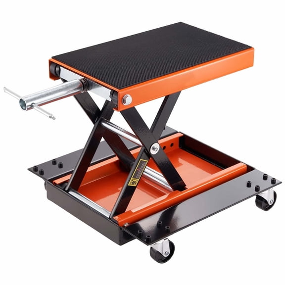 Motorcycle Lift 1100 LBS - ATV Scissor Jack with Dolly & Hand Crank - Center Hoist Stand for Street, Cruiser, Touring Bikes - Wide Deck & Tool Tray