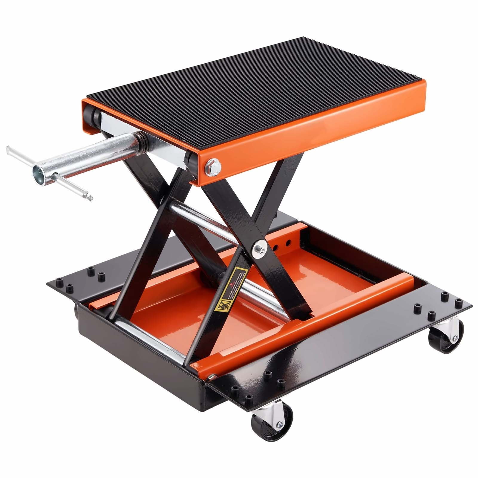 Motorcycle Lift 1100 LBS - ATV Scissor Jack with Dolly & Hand Crank - Center Stand for Street, Cruiser & Touring Bikes - Wide Deck & Tool Tray