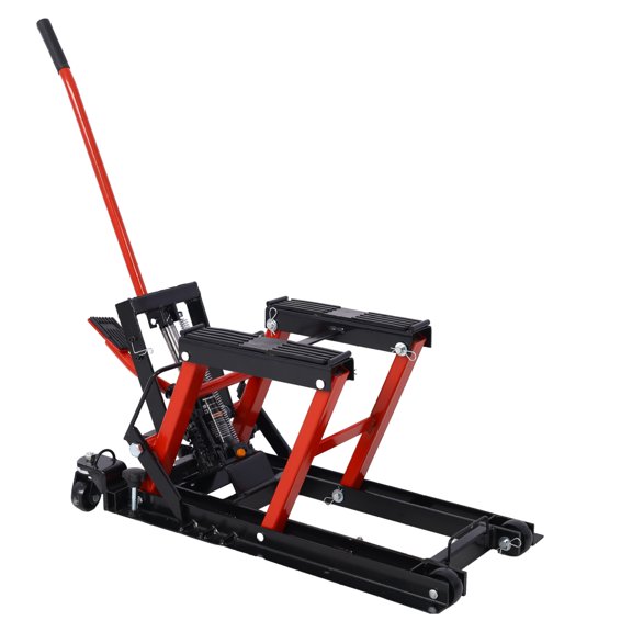 Motorcycle Lift Jack 1500 LBS - ATV Scissor Lift, Portable Hydraulic Lift Table with Wheels - Foot-Operated Hoist Stand for Motorcycle, ATV, UTV Black+Red + Steel