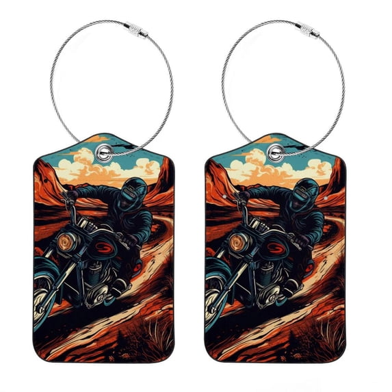 Motorcycle Luggage Tag, Travel Tags, Handbag Tag - Square PU Leather 2 Pack with Privacy Cover and Stainless Steel Ring - Suitable for Travel, Backpack, Handbag [Amazon Approved]