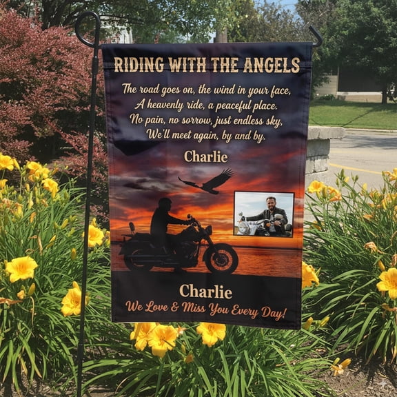 Motorcycle Memorial Garden Flag Riding With The Angels Personalized Biker Photo Flag Sympa