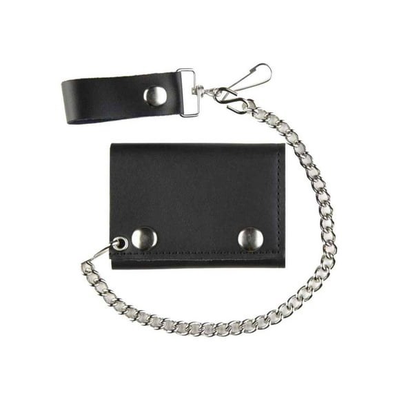 Motorcycle Men's Tri-Fold Biker Chain Wallet, Black Genuine Leather TC304-23