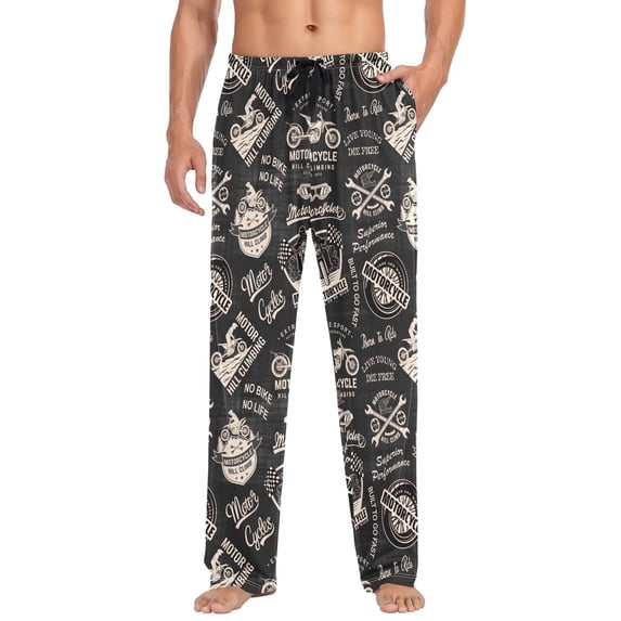 Motorcycle Mens Cotton Pajama Pants with Pockets Elastic Waist Lightweight Breathable Relaxed Fit Lounge Sleepwear Medium