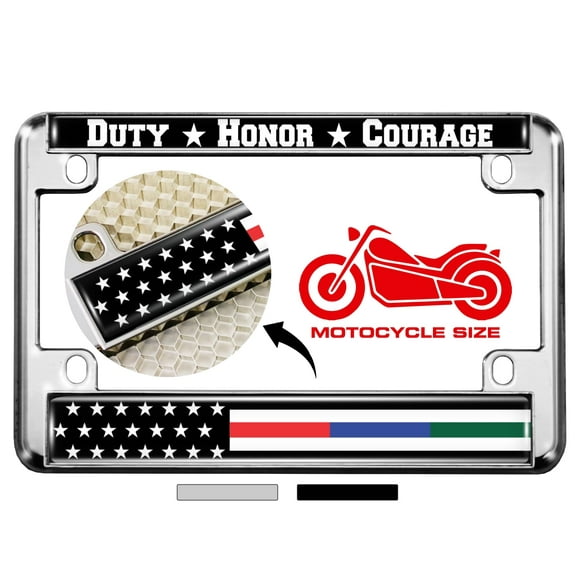 Motorcycle Metal License Plate Frame - First Responders - Law Enforcement, Police, Military and Fire Thin Line (Stripe) USA American Flag Design - Chrome