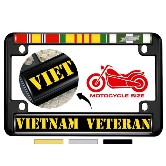 Motorcycle Metal License Plate Frame with Vietnam Veteran 3 Service Ribbons - National Defense Ribbon, Vietnam War Service Ribbon, Republic of Vietnam Service Ribbon Design - Black