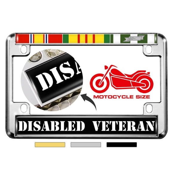 Motorcycle Metal License Plate Frame with 3 Service Ribbons Vietnam Disabled Veteran Design
