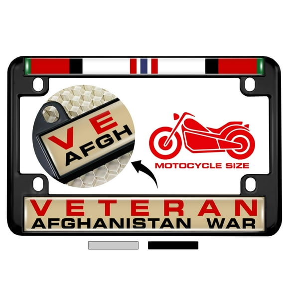 Motorcycle Metal License Plate Frame with Afghanistan War Veteran Design - Black
