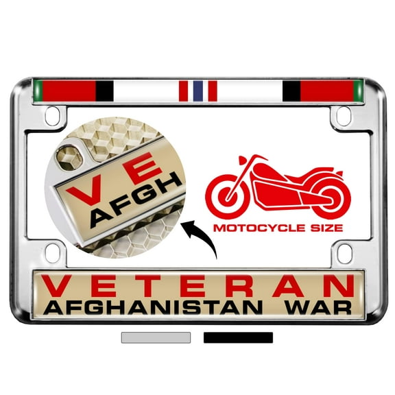 Motorcycle Metal License Plate Frame with Afghanistan War Veteran Design - Chrome