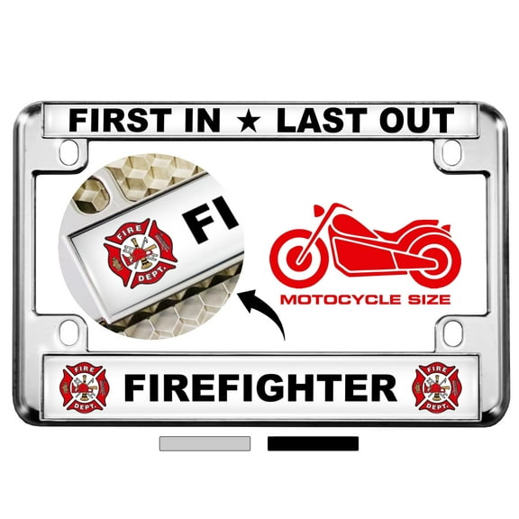 Motorcycle Metal License Plate Frame with Firefighter Design - Chrome