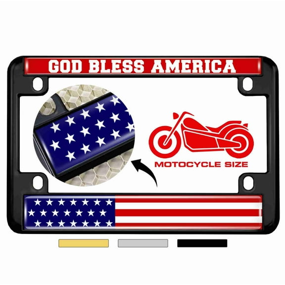 Motorcycle Metal License Plate Frame with God Bless America USA Flag Design - Black