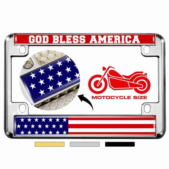 Motorcycle Metal License Plate Frame with God Bless America USA Flag Design - Chrome