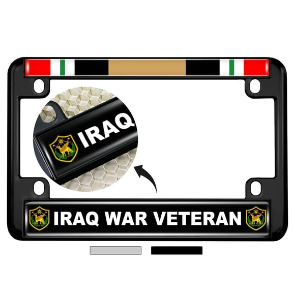 Motorcycle Metal License Plate Frame with Iraq War Veteran Design - Black