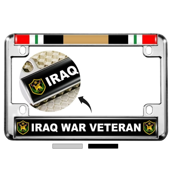 Motorcycle Metal License Plate Frame with Iraq War Veteran Design - Chrome