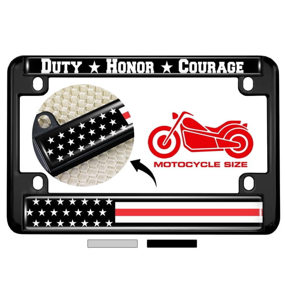 Motorcycle Metal License Plate Frame with Support Firefighters Duty Honor Courage Fire Service Thin Red Line (Stripe) USA Flag Design - Black