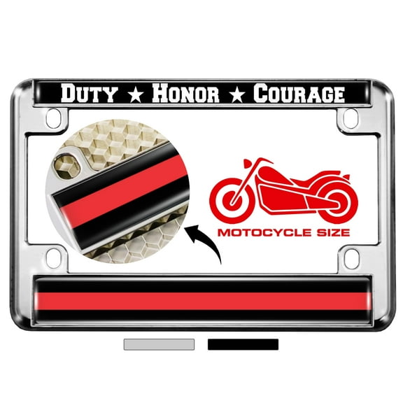 Motorcycle Metal License Plate Frame with Support Firefighters Duty Honor Courage Thin Red Line (Stripe) Fire Service Design - Chrome