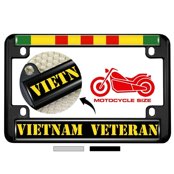 Motorcycle Metal License Plate Frame with Vietnam Veteran Design - Black