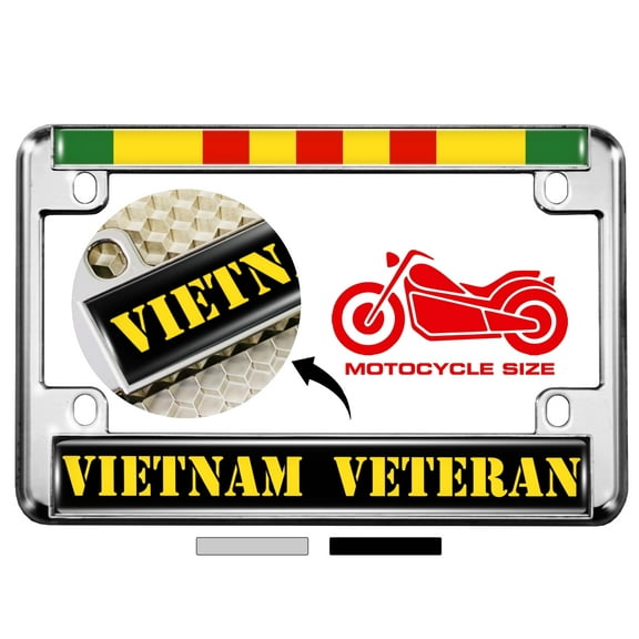 Motorcycle Metal License Plate Frame with Vietnam Veteran Design - Chrome