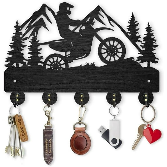 Motorcycle Mountain Forest Coat Hooks Wall Mounted 11.8×7.9inch Outdoor Motorcycle Key Holder for Wall Wood Black Key Rack Hanger 5 Alloy Hooks for Wall Art Decor Entryway Front Door Gift