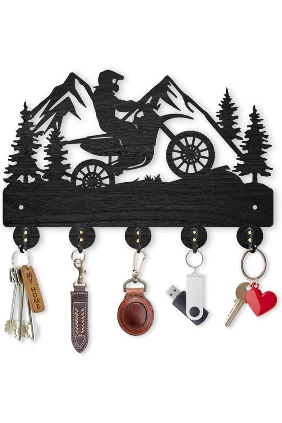 Motorcycle Mountain Forest Coat Hooks Wall Mounted 11.8x7.9in 5 Alloy Hooks Rust Resistant Wooden Key Holder Black 35 Pound Weight Capacity